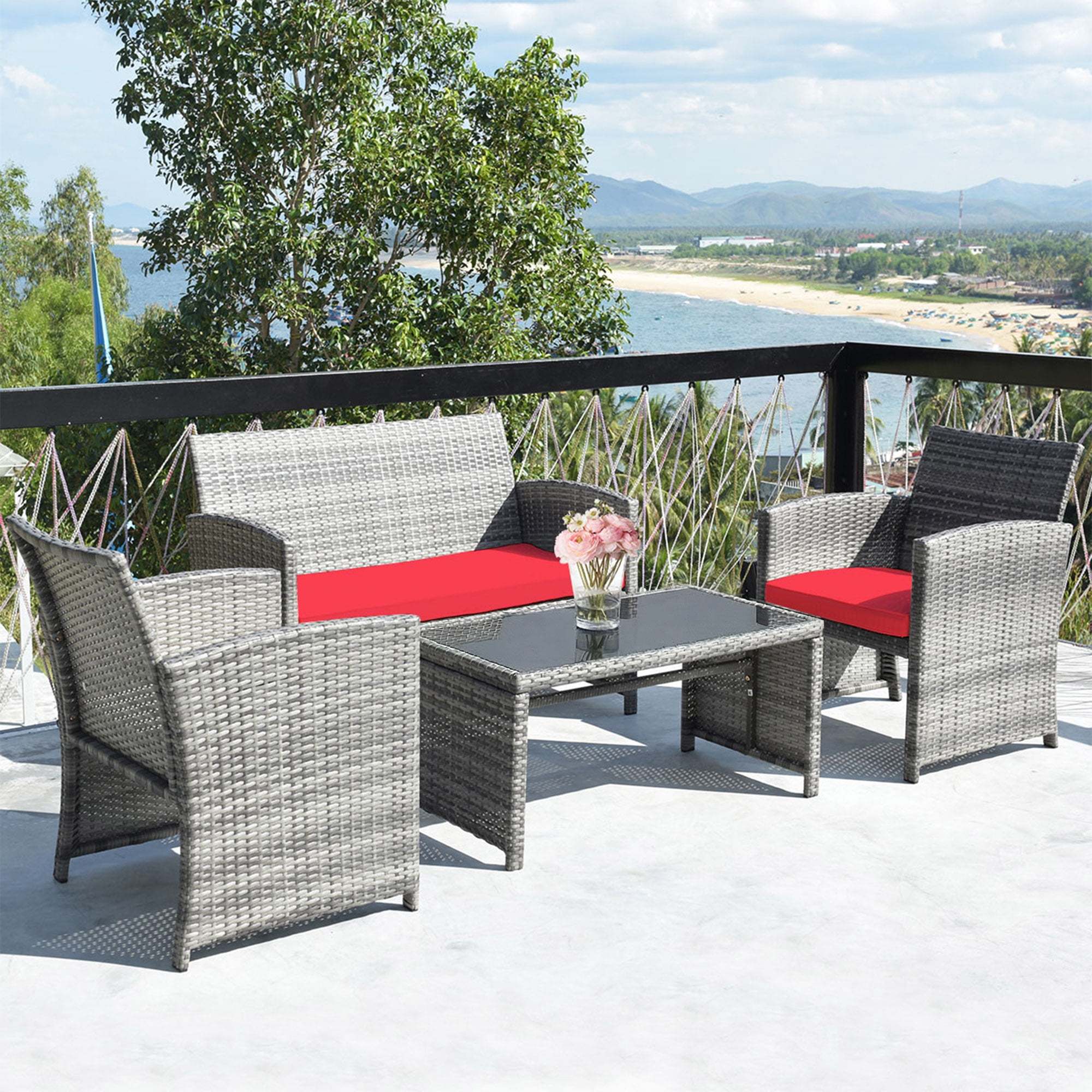 Costway 4PCS Patio Rattan Conversation Glass Table Top Cushioned Sofa Red