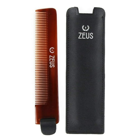 Zeus Handmade Saw-Cut Pocket Beard Comb with Leather Sheath - 5.25” x 1” - Static-Free, Fine-Toothed Comb for Beards and