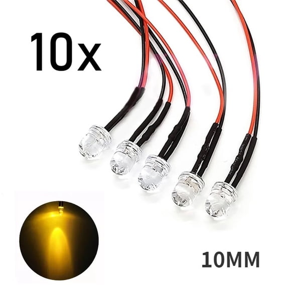 10x Yellow/Orange LED Light Single Bulb Wired Resistor 5-12V DC 10mm Large Round