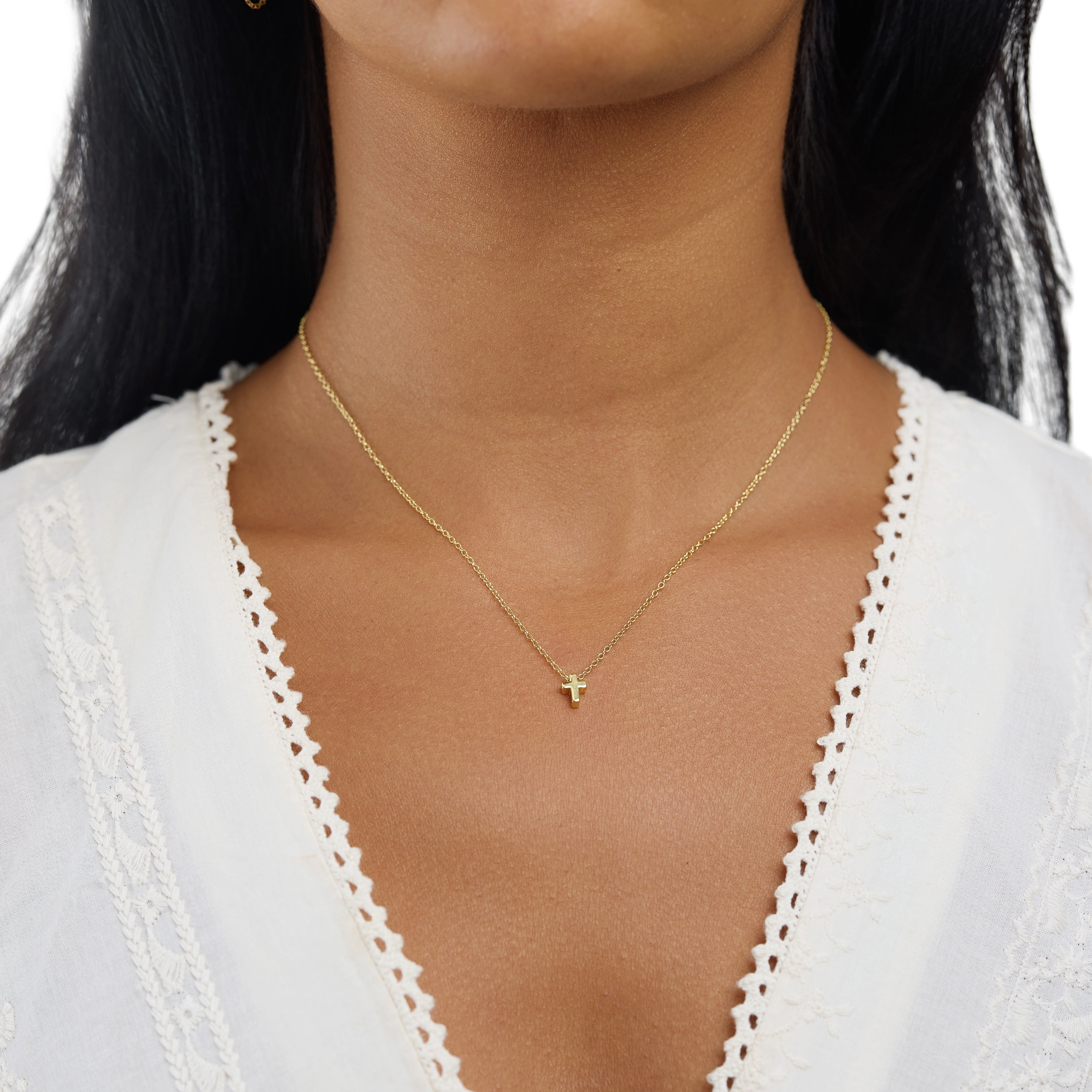 Marisol & Poppy Gold over Sterling Silver Mini Cross Pendant Necklace For Women & Teens, 16" + 2" Extender