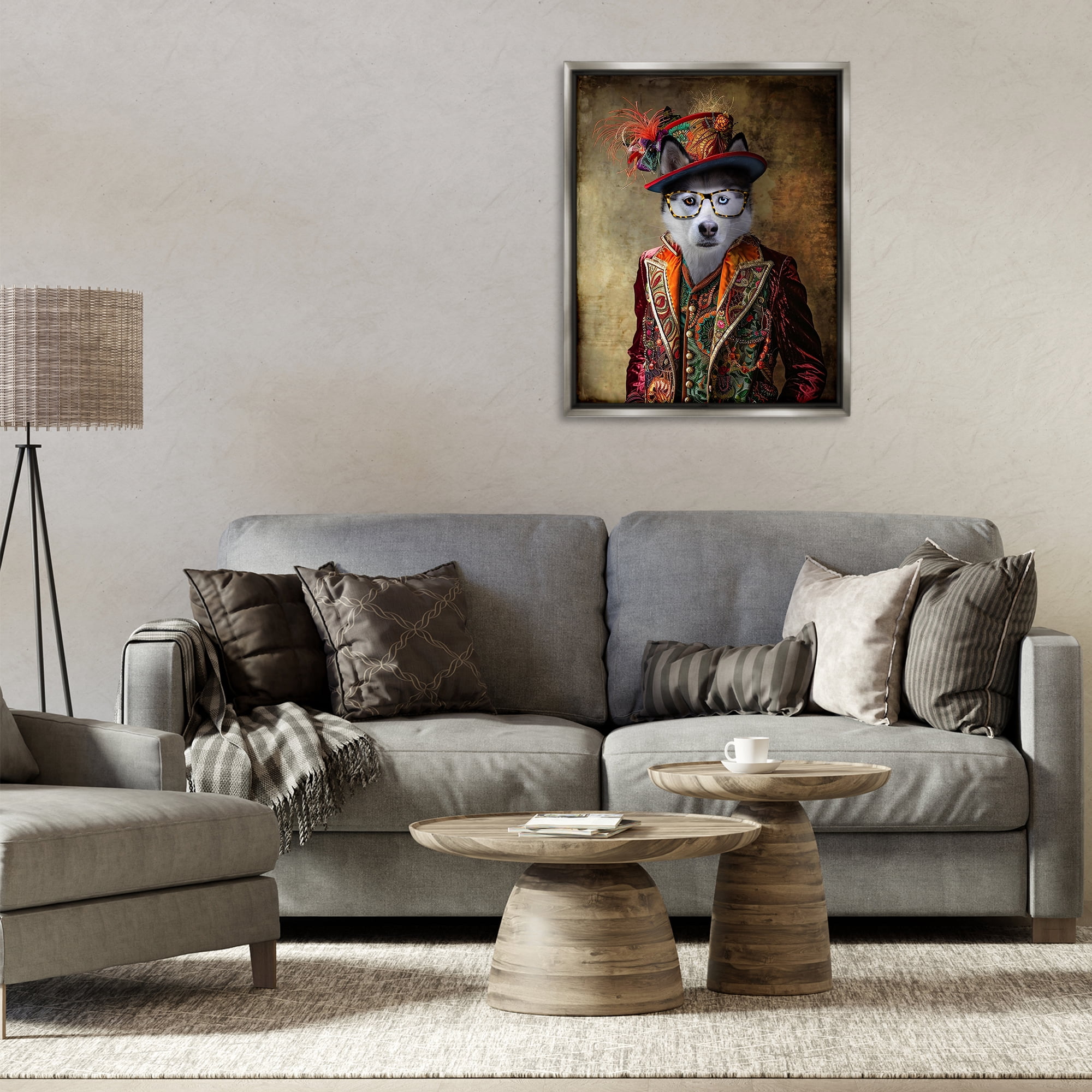 Stupell Industries Husky Dog Eclectic Suit Animals & Insects Painting Gray Floater Framed Canvas Art Print Wall Art, 25 x 31