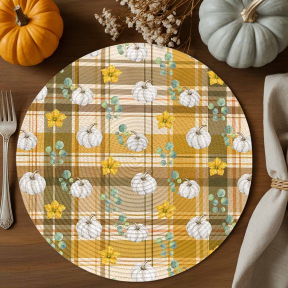 Thanksgiving Round Braided Placemats Set of 8, Fall White Pumpink Flower Brown Green Shadowed Grid Heat Insulation Place Mats Washable Non-Slip Table Mats for Kitchen Dining Party, 15 Inches