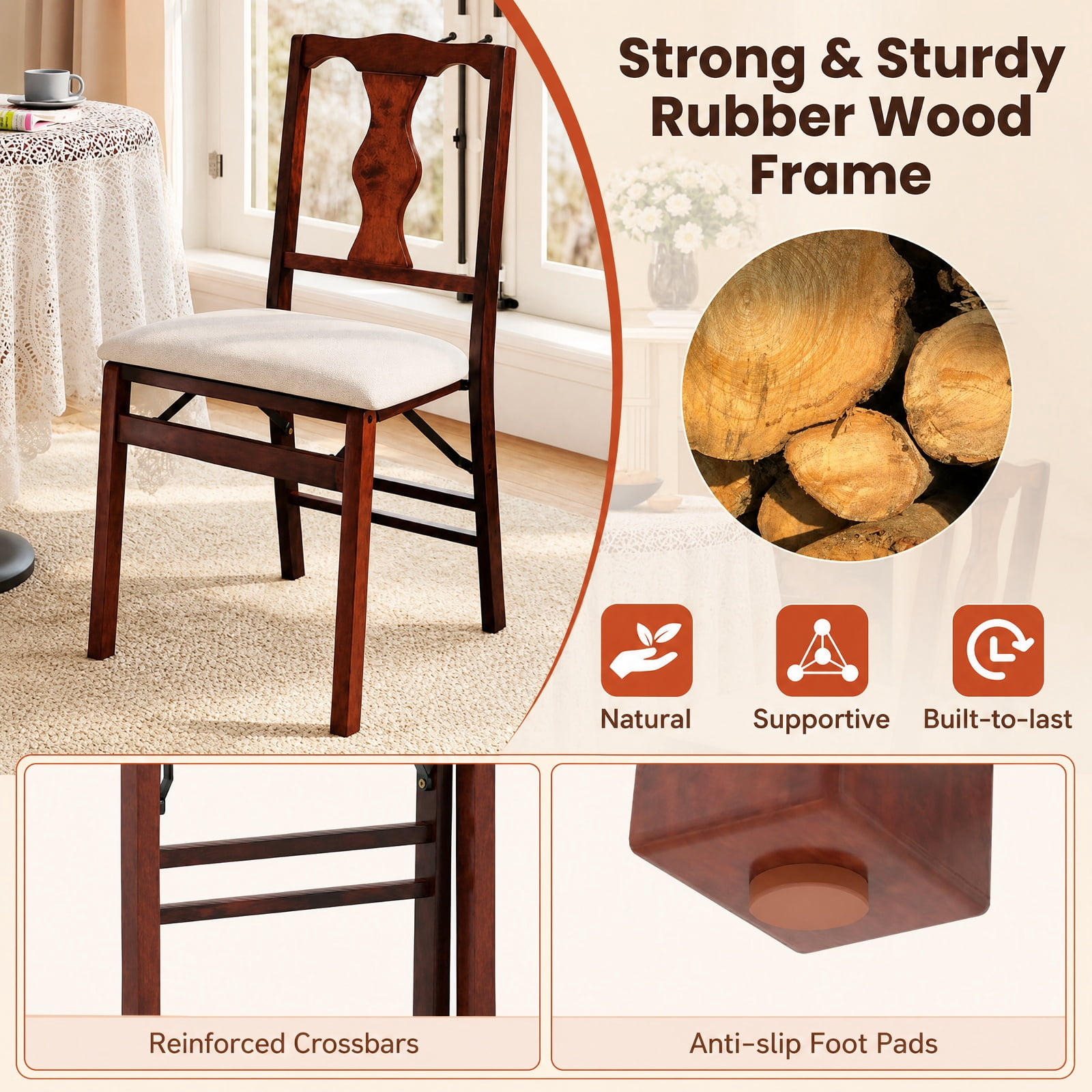Furnibear Folding Chairs Set of 2 Upholstered Dining Chairs with Comfy Padded Seats for Kitchen Dining Room Living Room Home, Brown