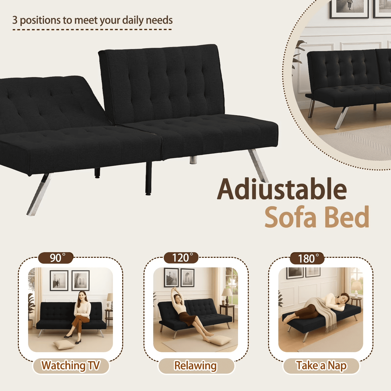 ASINMAK Convertible Sofa Bed Adjustable Couch Sleeper, Fabric Loveseat Futon Bed with Breathable Chenille, Metal Legs, and Adjustable Lounge - Perfect for Compact Living Space - Black