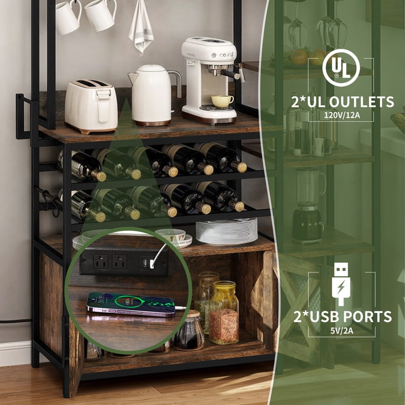 Uforic 6 Tier Kitchen Bakers Rack with Power Outlets, Coffee Bar Table with Wine Rack & Glass Holder, Storage Microwave Stand Kitchen Storage Shelf for Kitchen,Brown