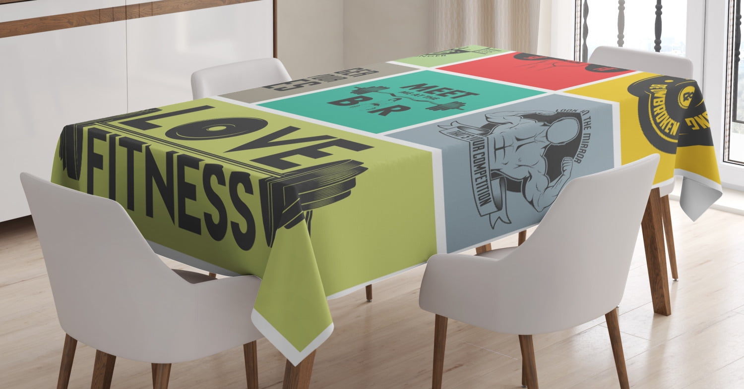 Fitness Tablecloth, Various Motivational Quotes in Colorful Frames Get
