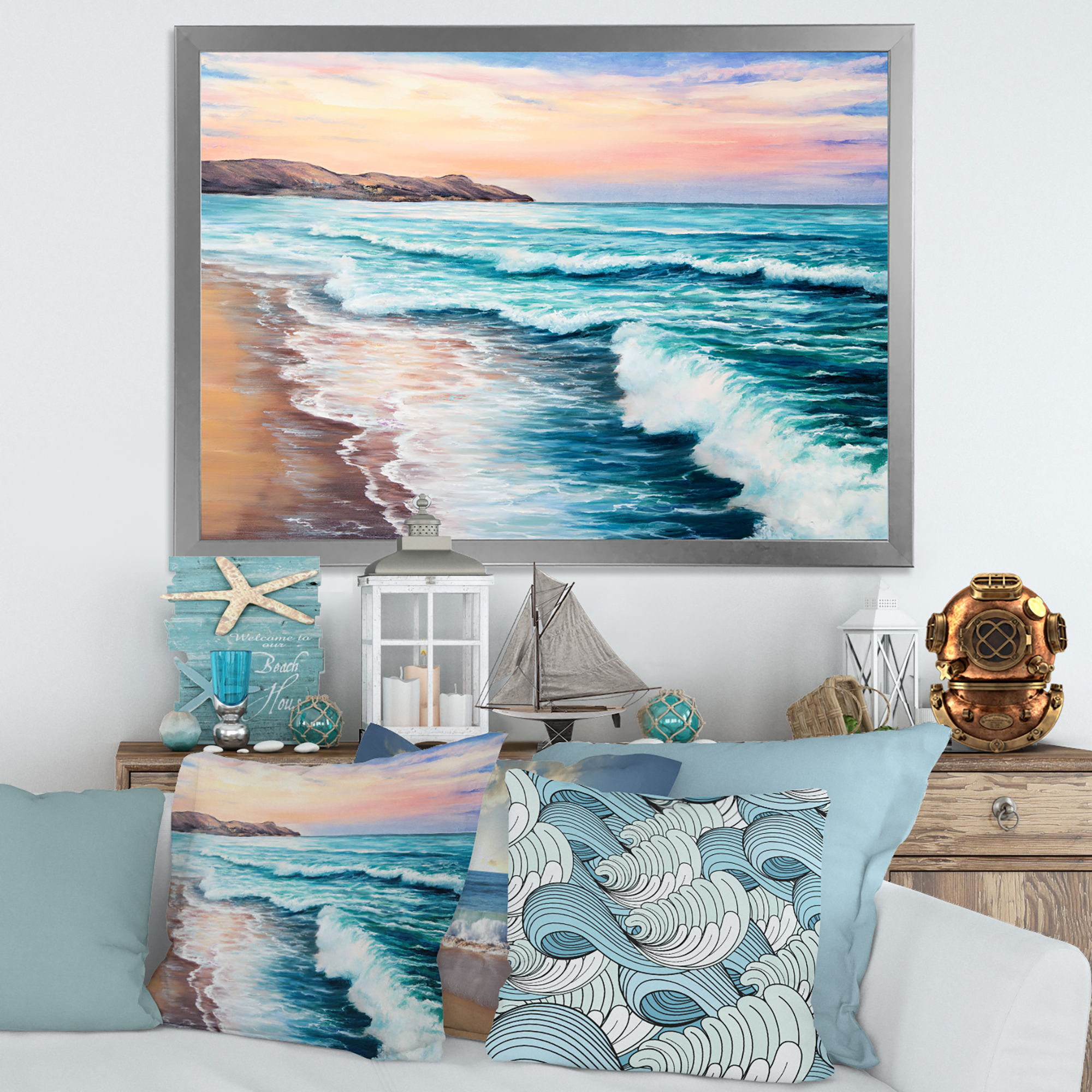 Designart 'Sunrise Glow On The Ocean Waves III' Nautical & Coastal Framed Art Print