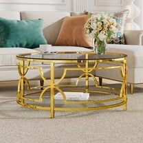 30.7" Luxury Gold Round Glass Coffee Table,2-Tier Modern Center Table with Stainless Steel Leg Tempered Glass Tabletop,Elegant Accent Furniture for Living Room Apartment,Gold