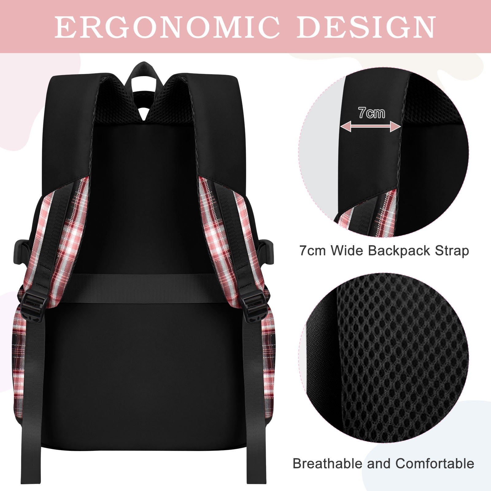 DAKIMOE Black School Backpack for School, Travel, Work, Large Capacity Waterproof Bookbag with 7 Compartments and Luggage Belt