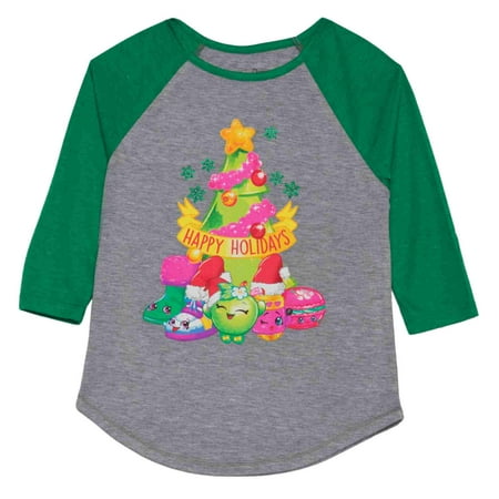 - Shopkins Girls Happy Holidays Green Gray Long Sleeve T-Shirt Tee Shirt