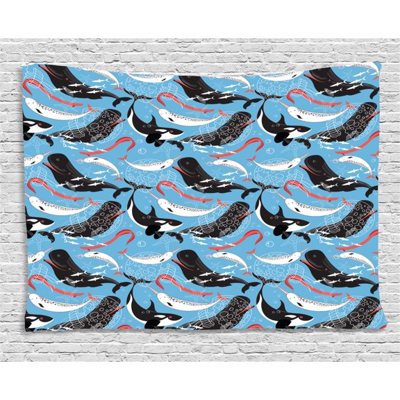 Narwhal Tapestry, Arctic Giant Sea Mammals Orca White Whale Narwhal Sketch Ocean Fauna, Wall Hanging for Bedroom Living Room Dorm Decor, 80W X 60L Inches, Blue Dark Coral Black, by Ambesonne