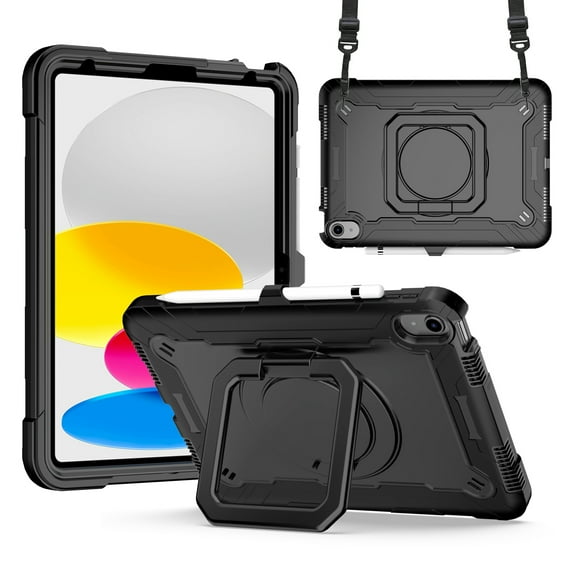 SaniMore for iPad 10th Generation 10.9" 2022 Kids Case, Multi-Functional Cover with Handle Shoulder Strap & 360° Rotatable Kickstand Pencil Holder Shockproof Protective Shell, Black