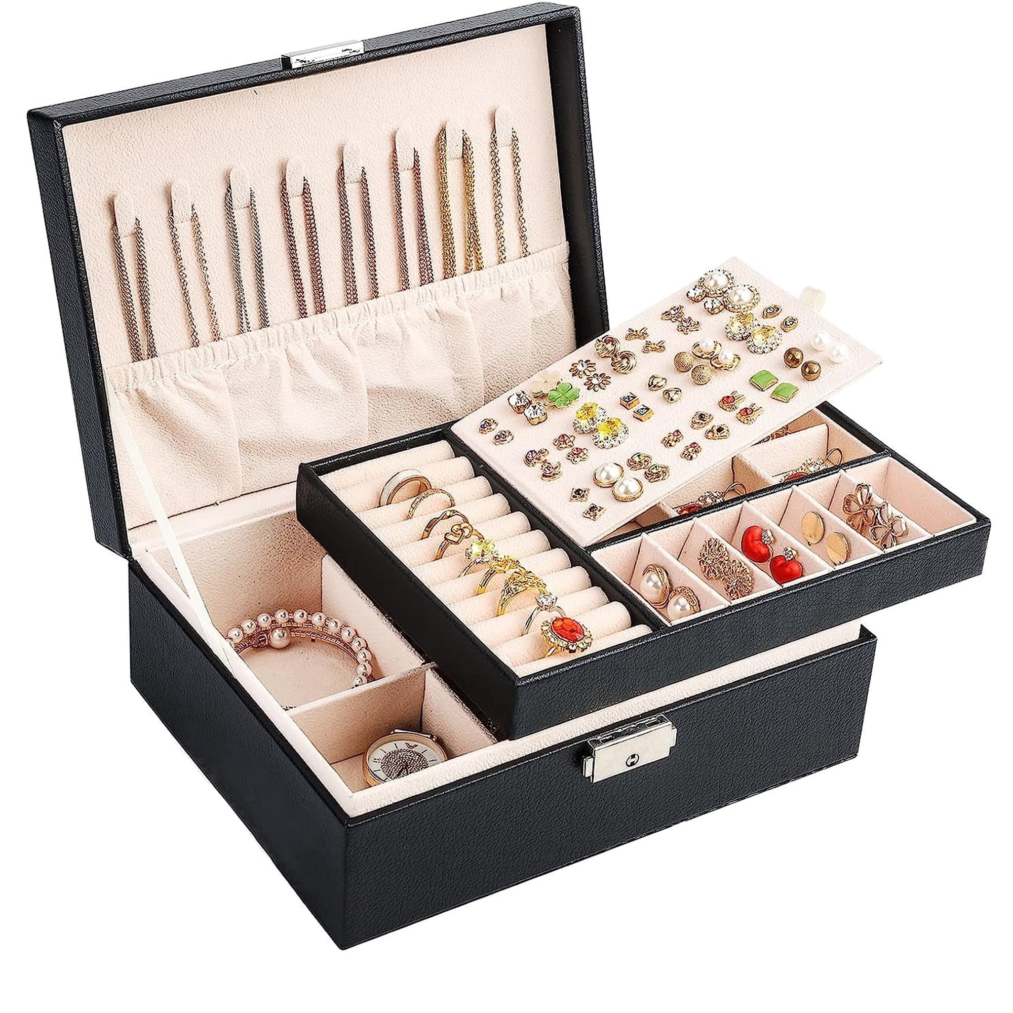 Jewelry Box for Women Girls Gift, Portable Travel Large Jewelry Organizer Storage Case with Removable Tray, 2 Layer PU Leather Velvet Display Jewelry Holder for Rings Necklaces Earrings Bracelets