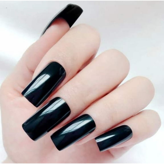 Black Press On Nails, Extra Long Square Gothic Glue On Artificial Fake Nails Set, Noir Touch