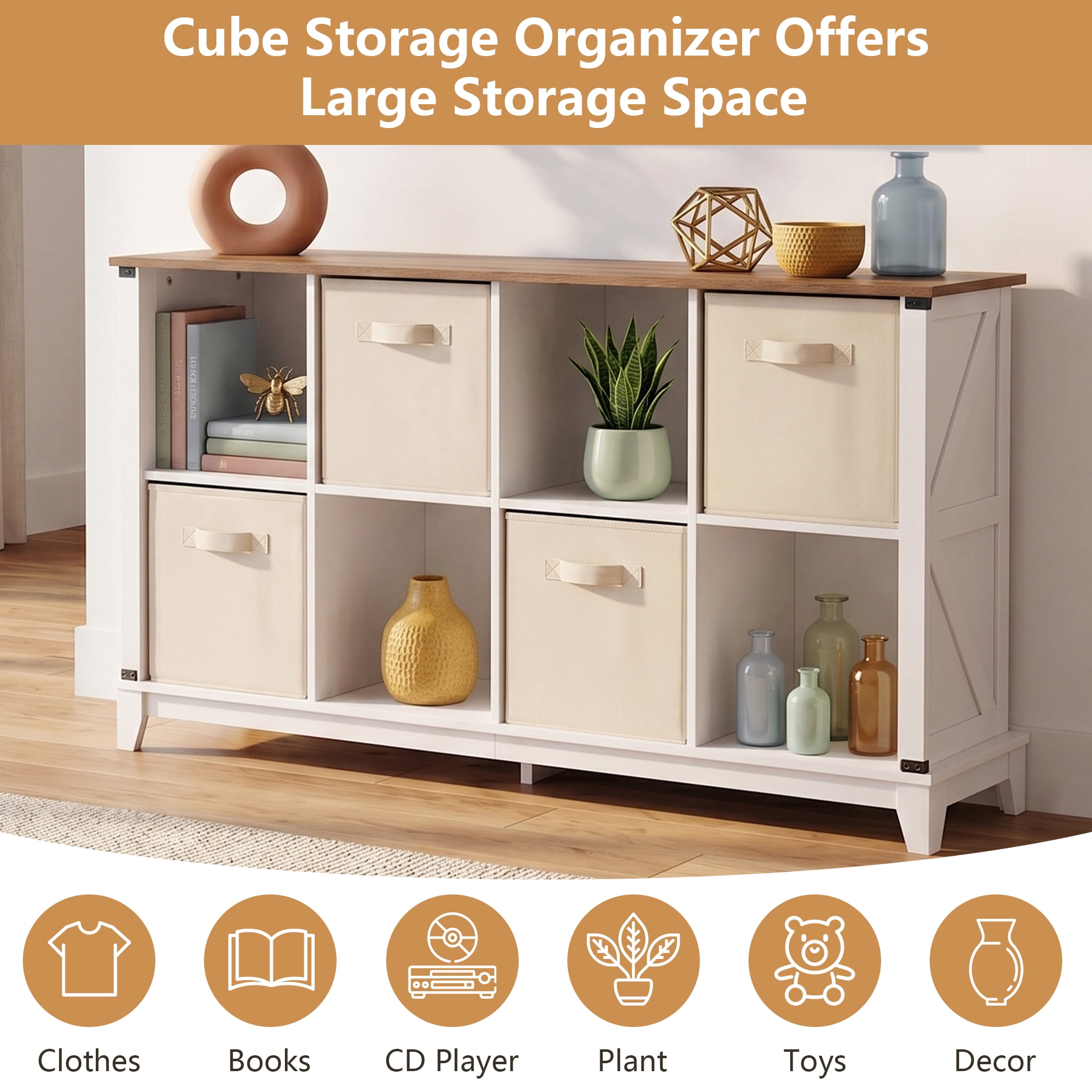 Prilinex Farmhouse 8-Cube Storage Organizer with 4 Storage Bins, Low Wooden Cube Bookshelf, Horizontal Bookshelf for Living Room Entryway Bedroom, White