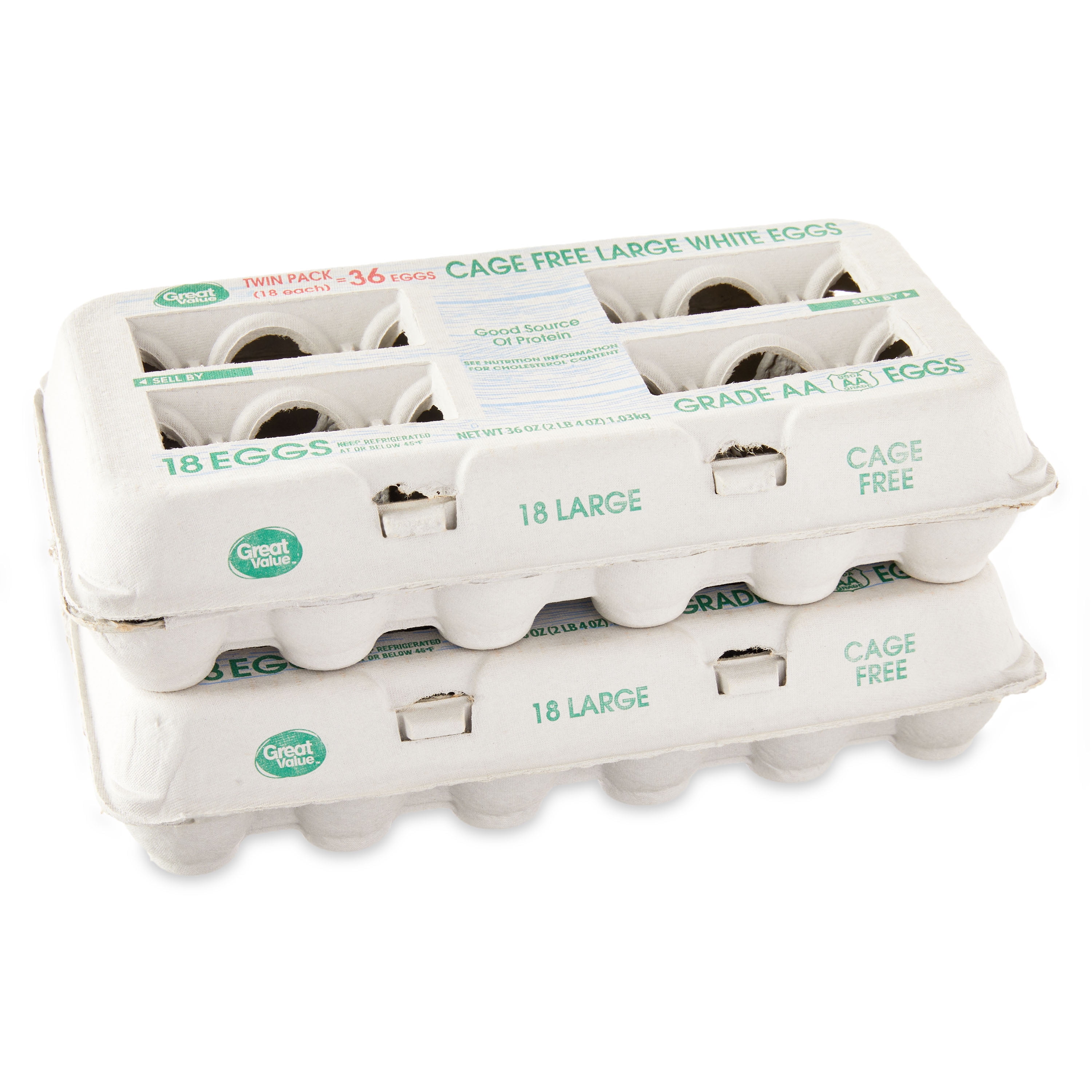 Great Value Cage Free Large AA White Eggs, 36 Count