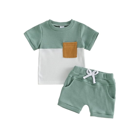 BemeyourBBs Toddler Baby Boy Summer Clothes 2 Pieces Outfit Waffle Knit Contrast Short Sleeve T Shirts and Pockets Shorts Set