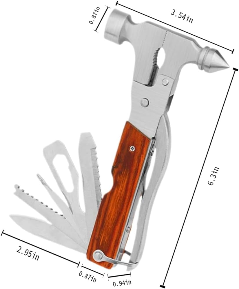 ABCISI Window Breaker, Multitool with 16-in-1 Survival Gear for Camping Hiking and DIY Jobs with Hammer, Plier, Pocket Knife, Bottle Opener, Wrench, Screwdriver
