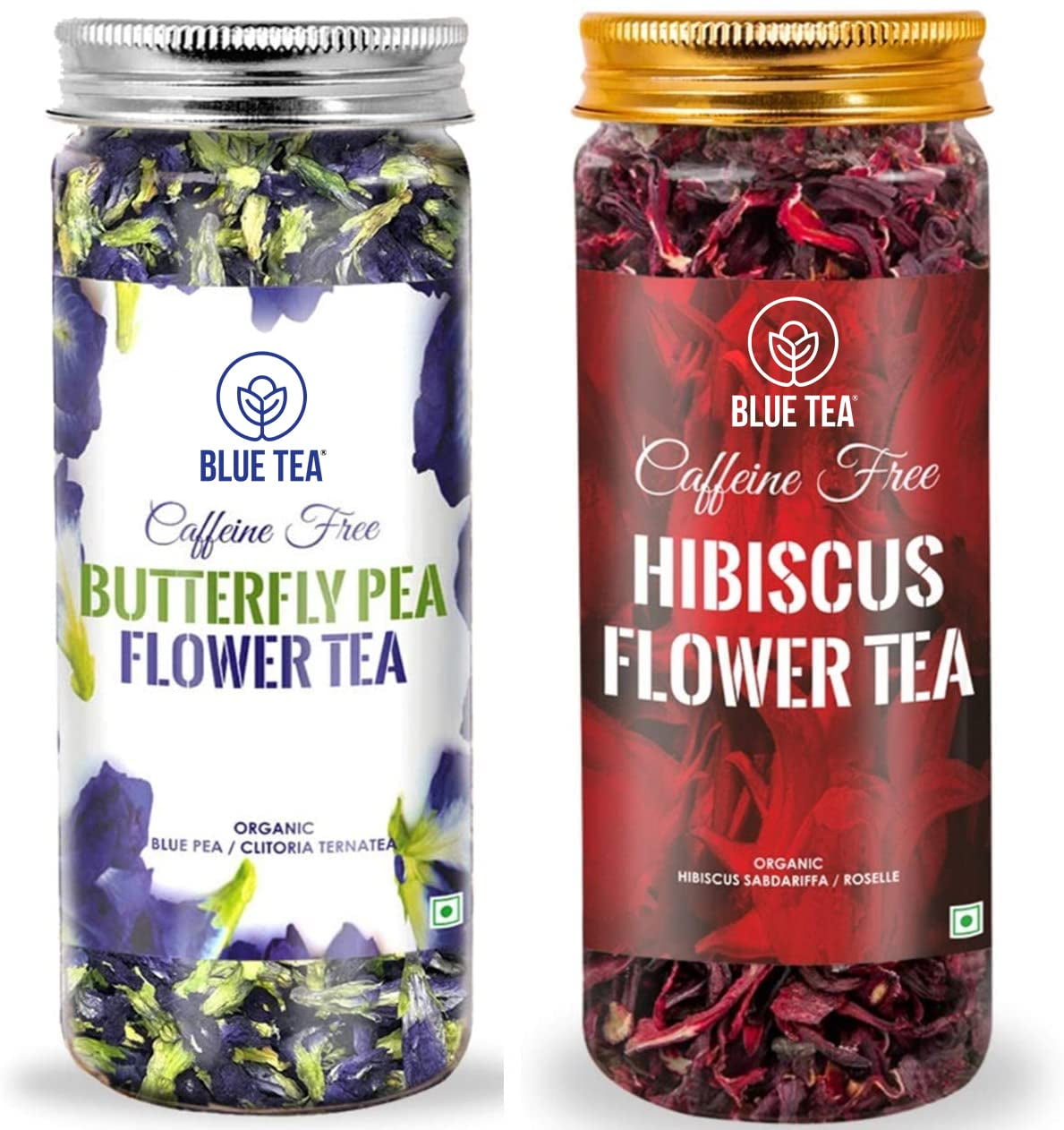 BLUE TEA, Combo Pack, Blue Tea Butterfly Pea Flower Tea (0.88 Oz) and Hibiscus Flower Tea (1.76 Oz) ll FARM PACKED ll Caffeine Free Herbal Tea - Non Toxic - GMO Free | Recyclable Food Grade PET Jar