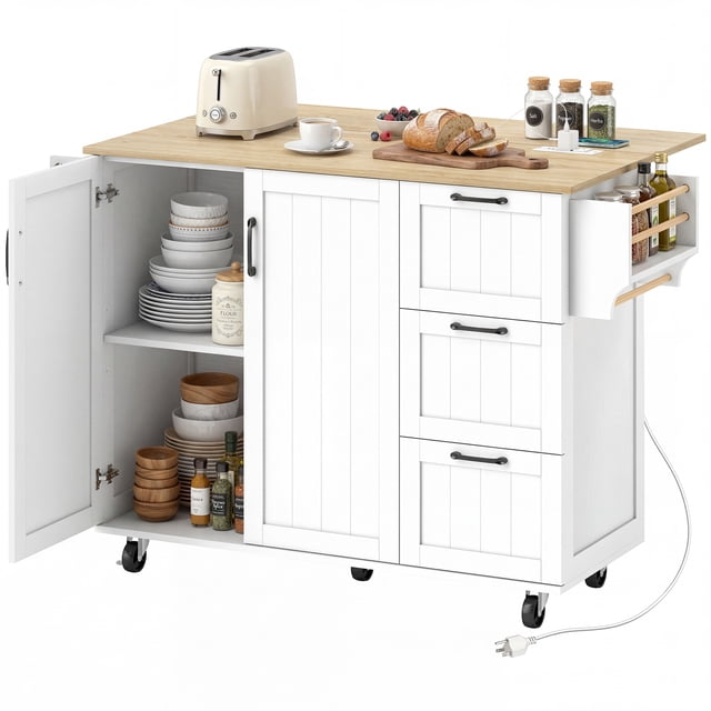 HOMCOM Îlot de Cuisine avec Abattant, Chariot de Cuisine Roulant avec Rangement, Blanc