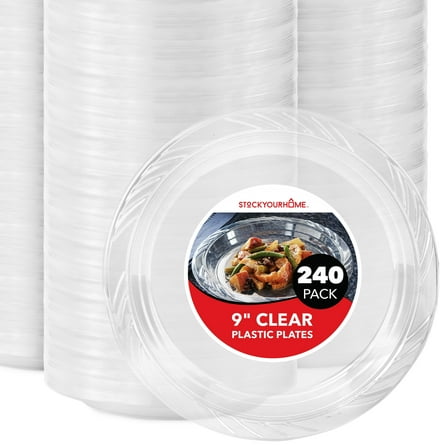 Stock Your Home 240-Count, 9 Inch Clear Plastic Plates, Flexible, Disposable Heavy Duty Party Dinner Plate, for Wedding Reception, Holiday Parties, Mains, Sides, Salad, and Dessert, Large Size