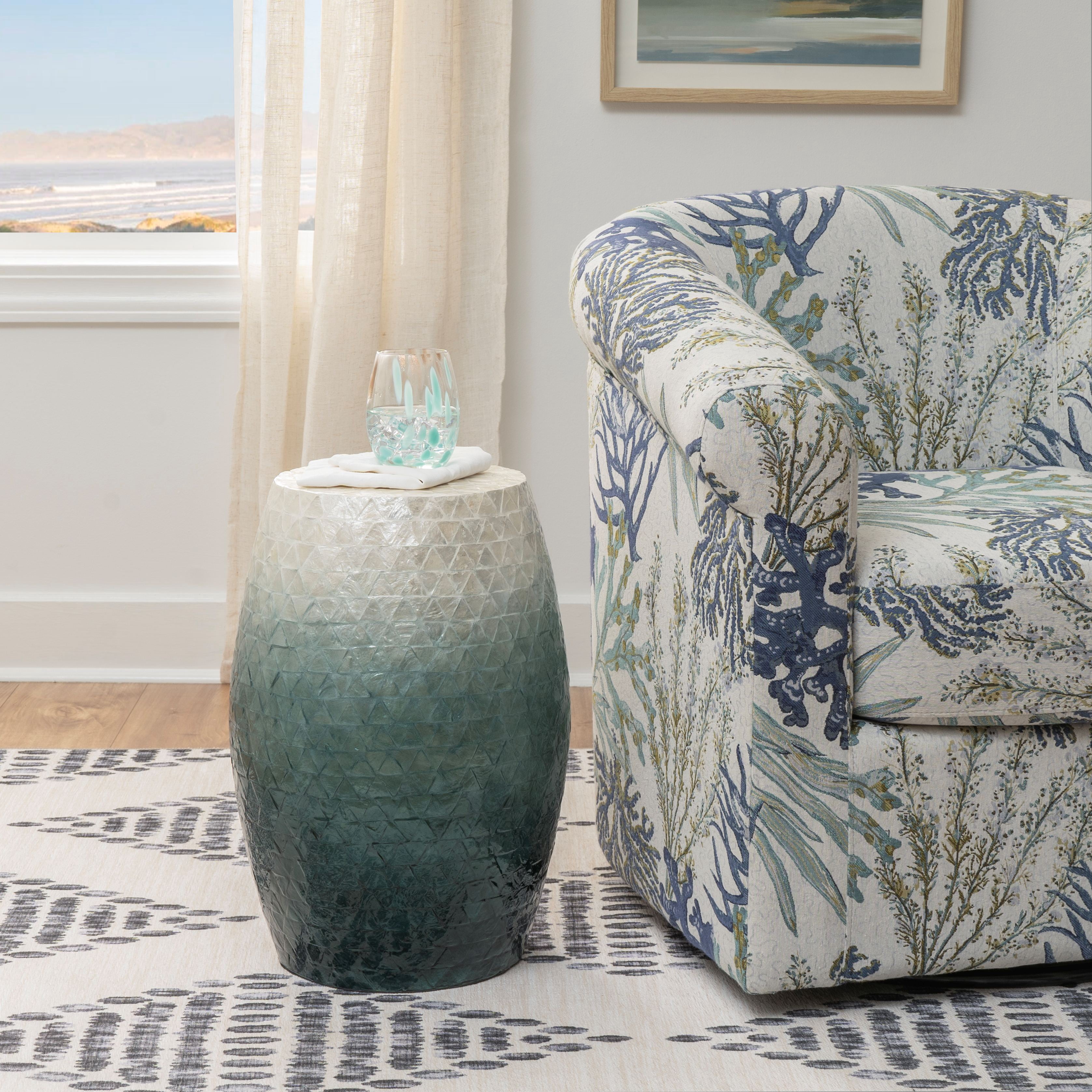 Linon Prescott Indoor Drum Accent Table, 19.75" Tall, Blue Ombre Capiz Shell