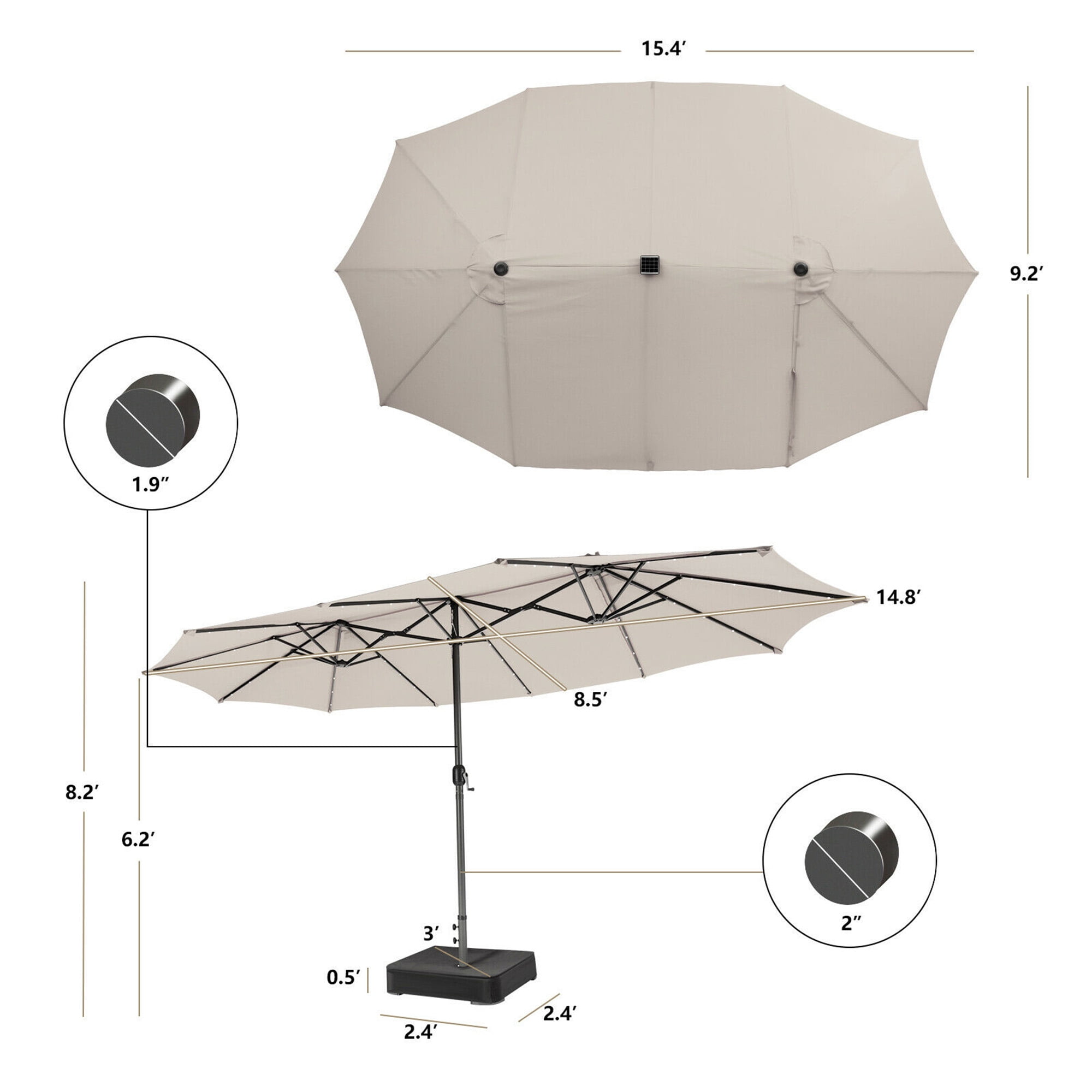 Gymax Outdoor 15' Double-Sided Patio Umbrella 48 Solar LED Lights Crank & Base Beige
