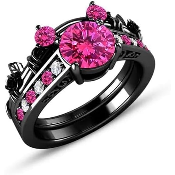Gems Jewels 925 Sterling Silver 2.12 Ct Round Cut Pink Sapphire Wedding Engagement Thanksgiving Christmas Bridal Ring Set 14K Black Gold Plated For Women's -7.5
