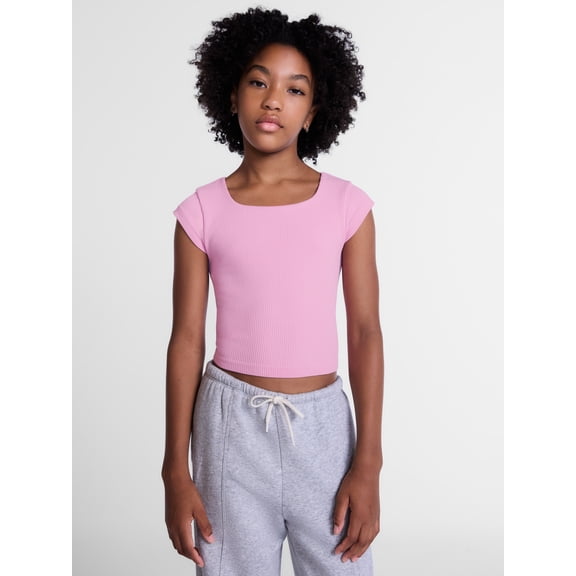 Weekend Academy Girls Seamless Rib Knit Top with Short Sleeves, Sizes 4-18
