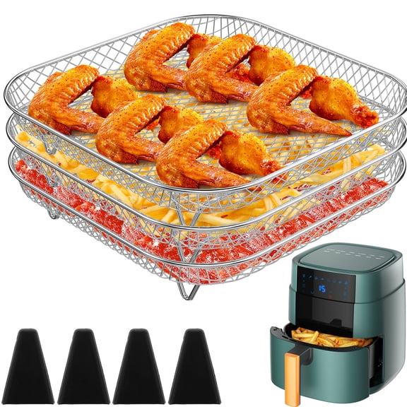 lkoopy 3Pcs 8 Inch Three Layers Air Fryer Racks with 4 Silicone Feet Square Stackable Air Fryer Basket Trays for 186oz-270oz and Oven