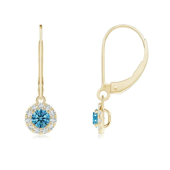 ANGARA Lab Grown Blue Diamond Leverback Halo Dangle Earrings for Women in 14K Yellow Gold (Size-3.5mm| Clarity-VS) | Anniversary, Jewelry Gift for Women | Lab-Grown Blue Diamond Earrings