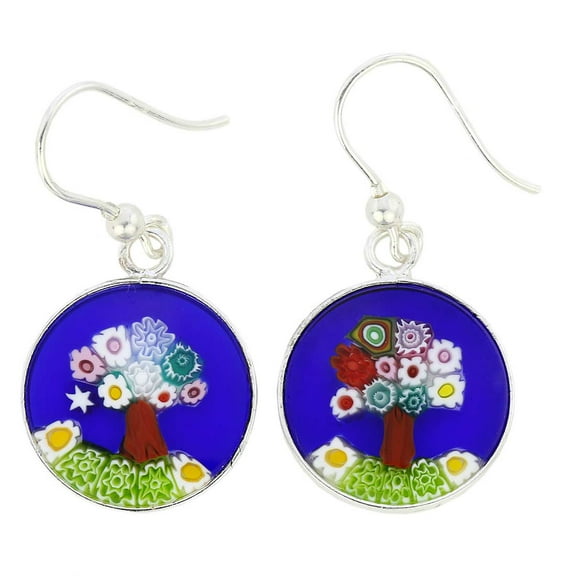GlassOfVenice Murano Glass Millefiori Round Dangle Earrings Tree of Life - Silver