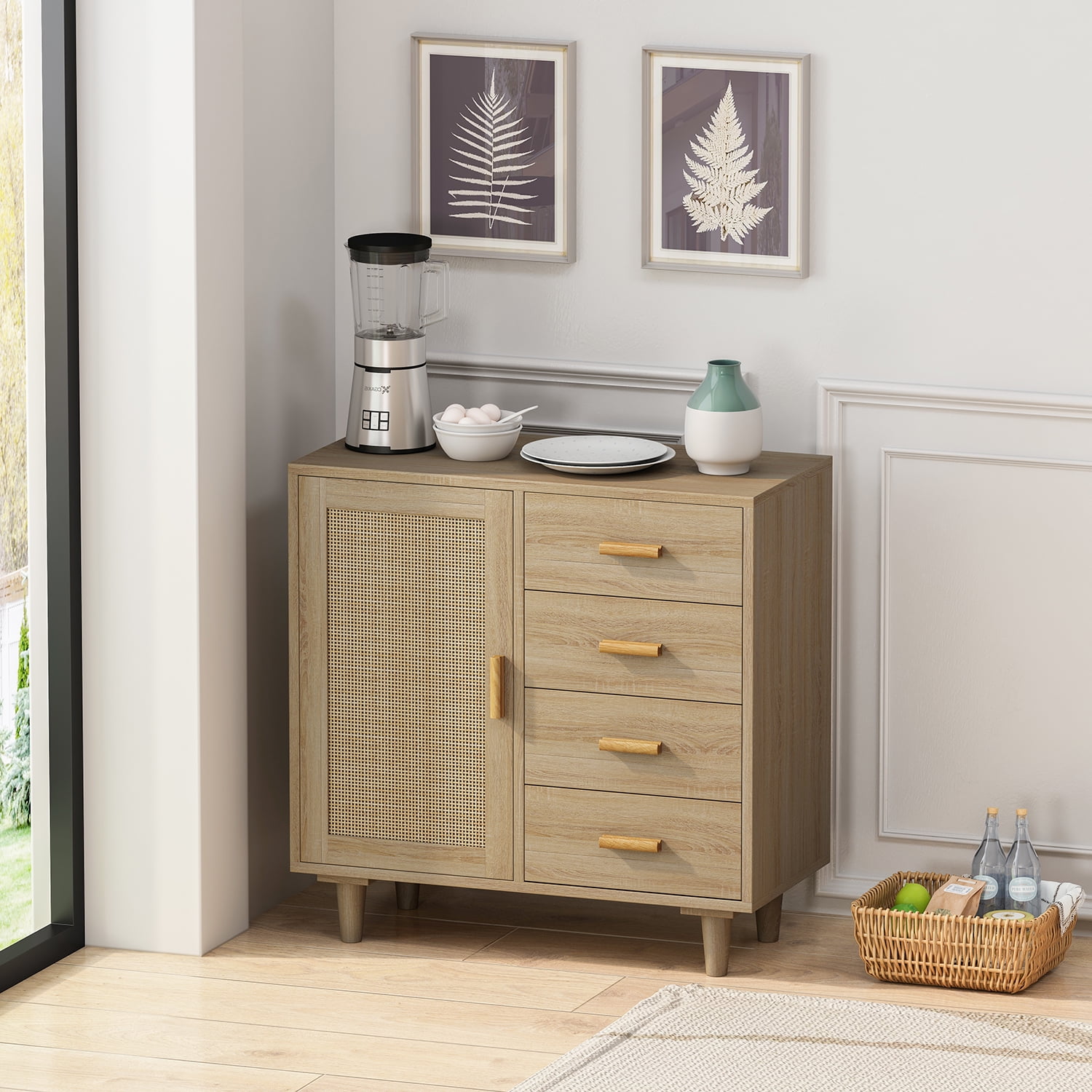 Kadyn 4 Drawers Rattan Cabinet, Modern Dresser with Rattan Door, Accent Storage Cabinet for Living Room, Natural