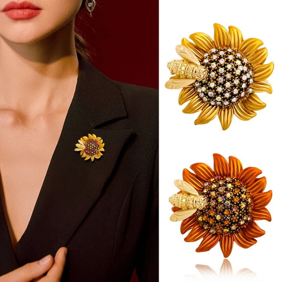 Washranp Women Sunflower Brooch Pins,Alloy Rhinestones Enamel Bee Flower Pin for Clothing Accessory