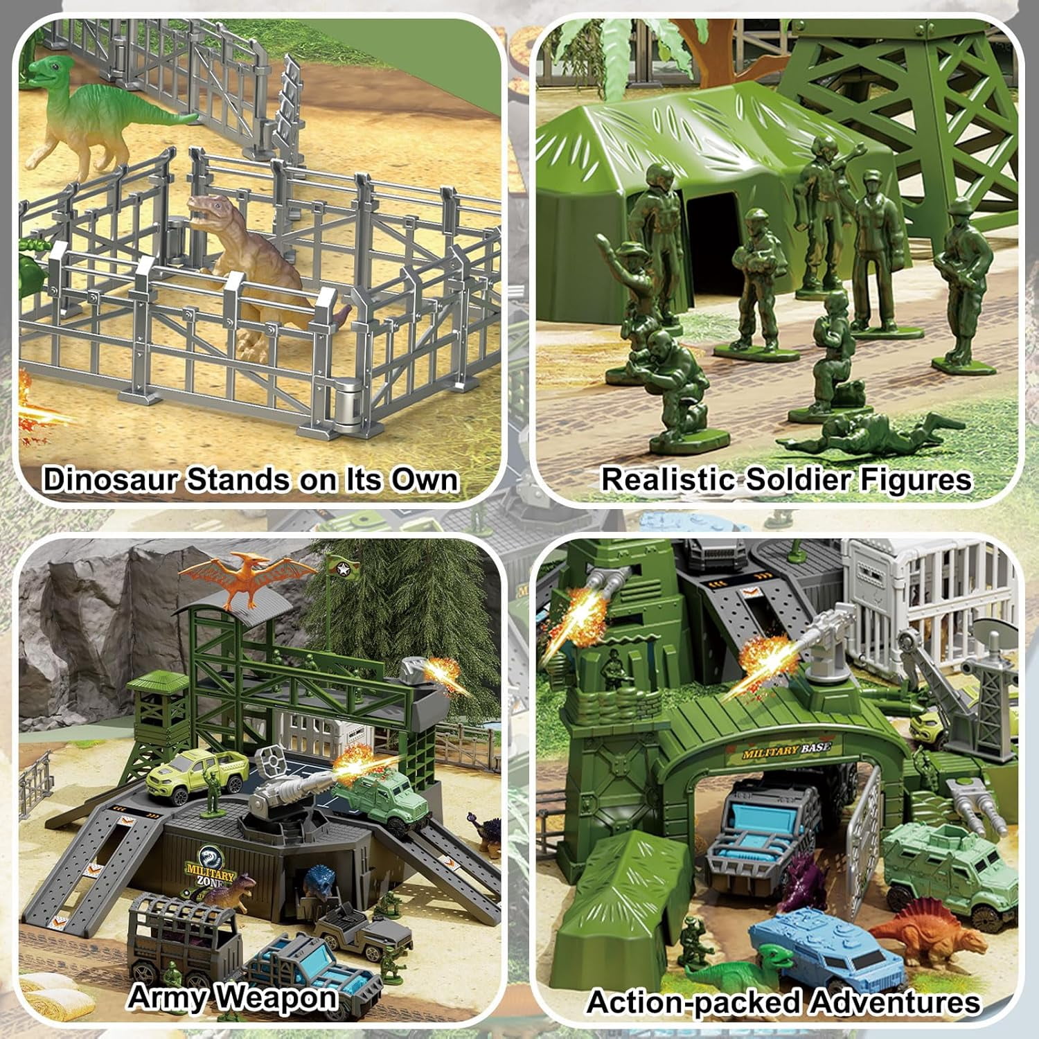 STEM Military Dinosaur Battle Playset - 56 Piece Army Toy Set with Soldiers, Helicopter, Je-ep, Trucks, Cannon, Tents & Battle Mat - Educational Combat Toys for Boys Ages 3-12