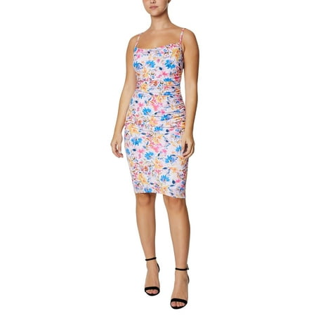 Laundry Spaghetti Strap Ruched Bodycon Floral Print Zipper Back Matte Jersey Dress-WATER COLOR GARDEN / 14