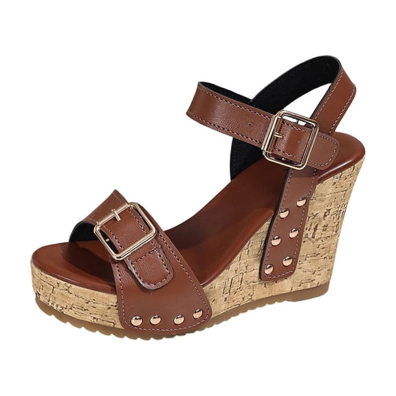 KEGIRLOM Women's Fashionable Casual Comfortable Plus Size Solid Color Peep-Toe Open-Toe Strap Wedge Sandals Brown 7
