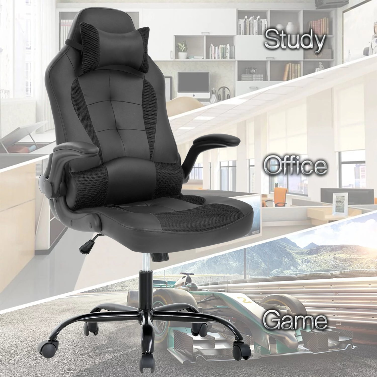 PC Gaming Chair Ergonomic & Adjustable Office Desk Chair Leather Reclining Computer Chair with Flip Up Arms Headrest for Adult Teen,Black