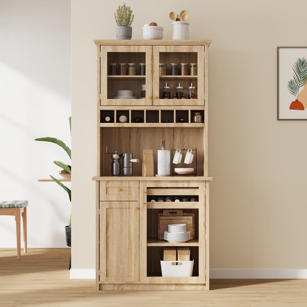 Farmhouse Freestanding Buffet with Hutch, Tall Kitchen Pantry Storage Cabinet with Wine Rack, Adjustable Shelves and Tempered Glass Doors for Dining Room