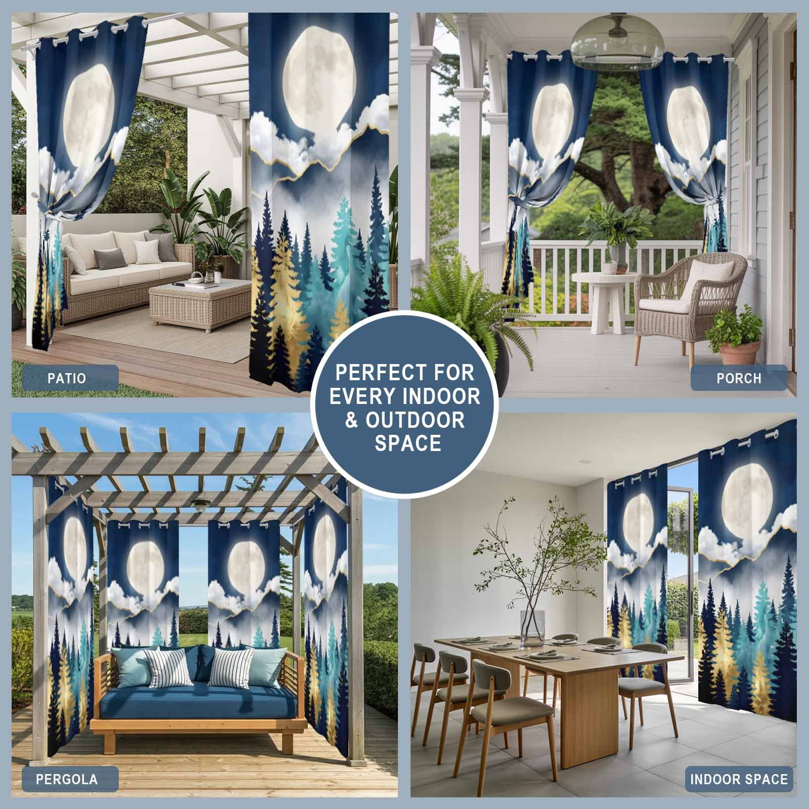 Night Forest Outdoor Curtains for Patio, Mountain Cloud Moon Gold Teal Pine Tree Sunshade Privacy Drapes Grommet Waterproof Outside Curtains for Porch/Cabana/Balcony 54"x 108", 1 Panel