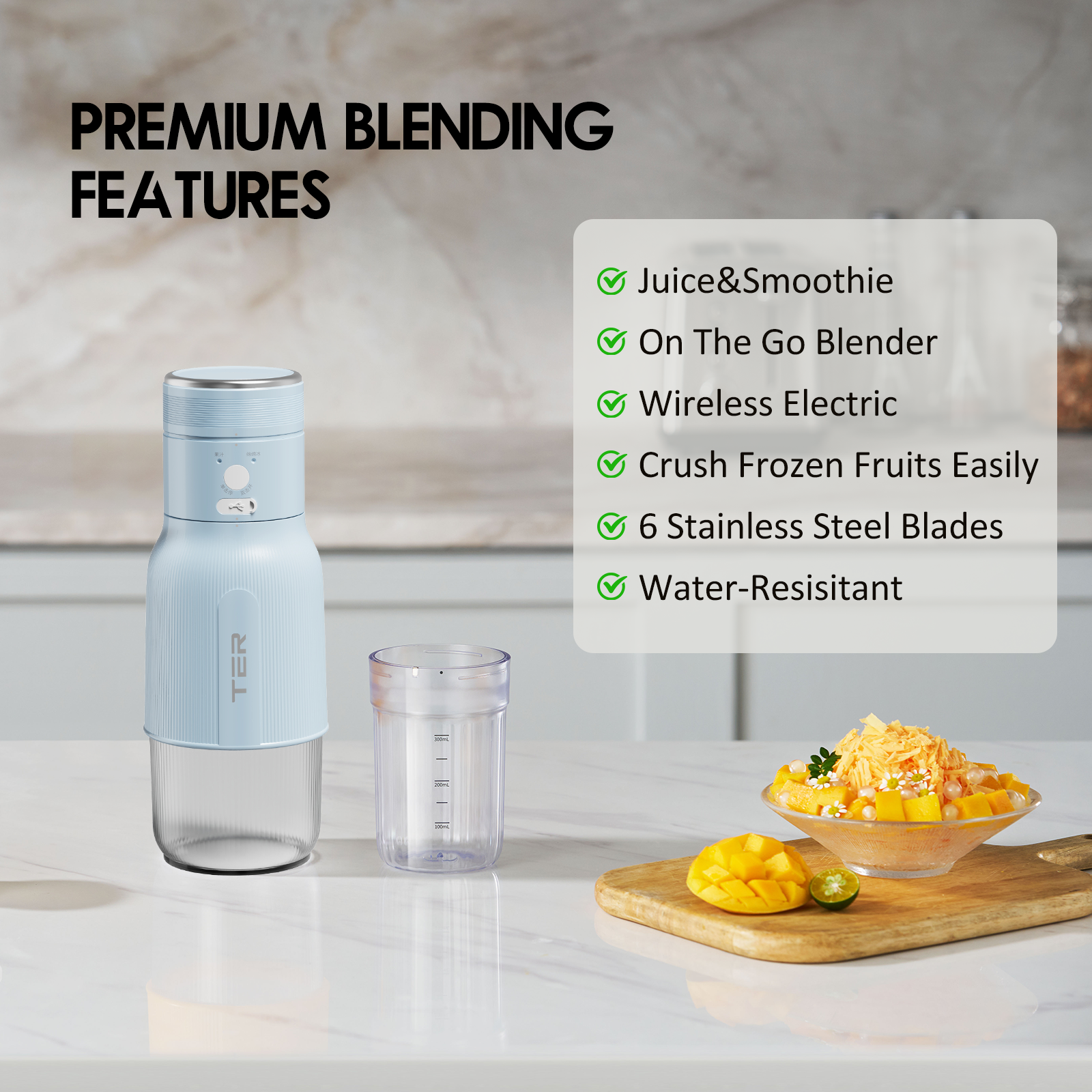 GlowWise Portable Blender, Cordless, 12oz. Vessel, Personal Blender-for Shakes & Smoothies, BPA Free, USB-C Rechargeable, Dishwasher Safe Parts, Blue