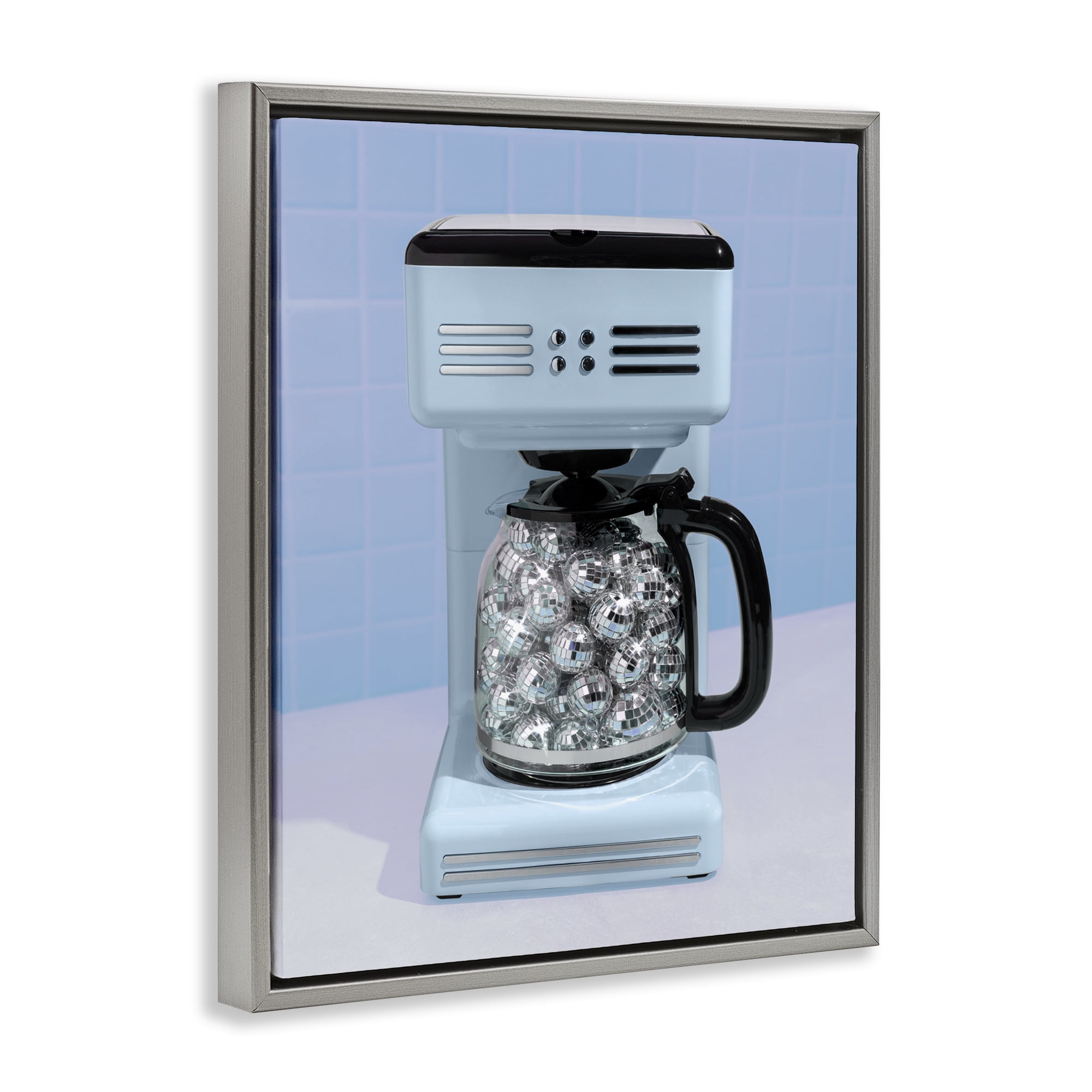 Stupell Industries Disco Coffee Maker over Blue Gray Framed Floater Canvas Wall Art, design by LISH Creative