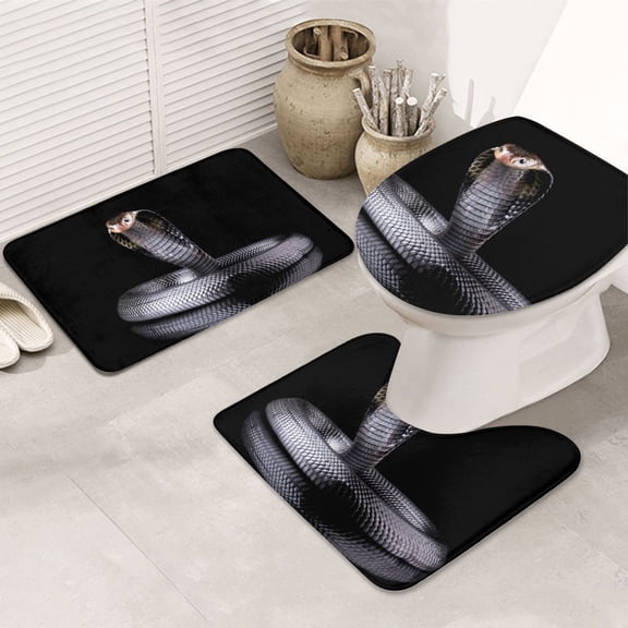 Bathroom Rugs Sets 3 Piece - Black Cobra Snake Absorbent Non Slip Bath Mats, U-Shape Toilet Lid Cover, Contour Mat, Soft Washable Shower Mats Bath Rug Mat for Bathroom Tub Toilet