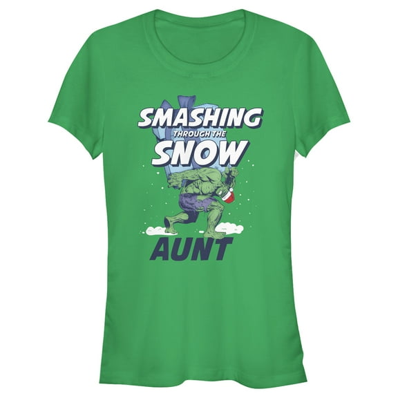 Junior's Marvel Christmas Hulk Aunt Snow Graphic Tee Kelly Green X Large