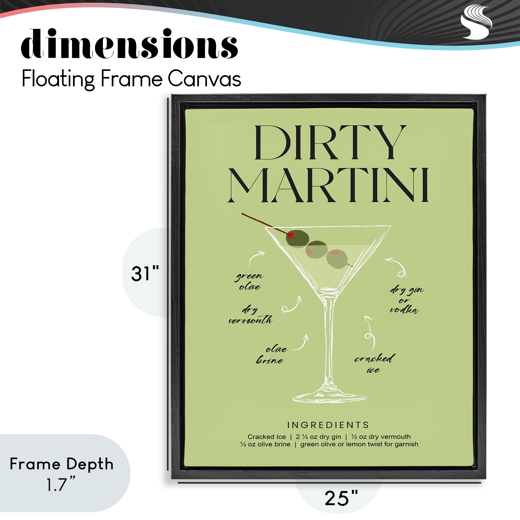 Stupell Industries Dirty Martini Green Recipe Black Framed Floater Canvas Wall Art, design by Lettered and Lined