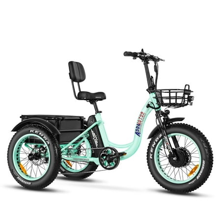 Addmotor M-330 Electric Tricycle, 85 MI Long Range, 750W 48V 20AH Step-Thru Electric Trike, 3 Wheel Fat Tire Electric Bicycle for Adults with Front & Rear Basket, Cyan