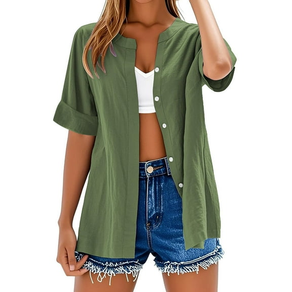 Yubnlvae Short Sleeve Linen Shirt - Women's Collarless Button-Down Top, Breathable Casual Oversized T-Shirt Style Blouse (Green | XL)