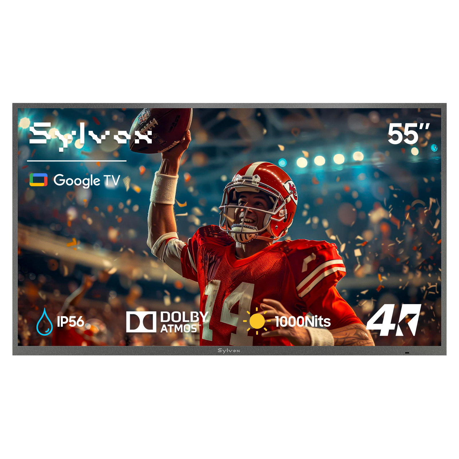 Sylvox 55" Smart Outdoor TV, 4K Uhd 1000nits with Dobly Atmos, Google TV with Voice remote, IP56 Waterproof,Google cast,Patial Sun,Deck Pro 3.0