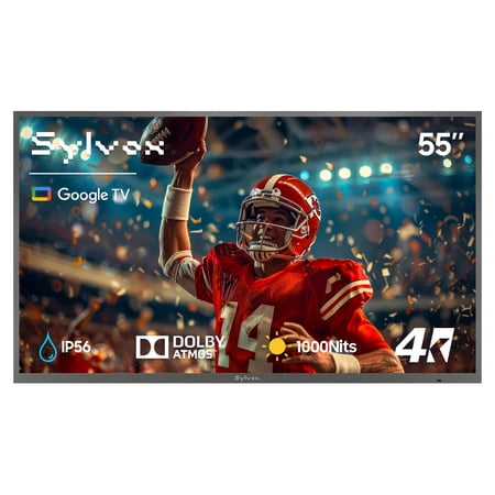 Sylvox 55" Smart Outdoor TV, 4K Uhd 1000nits with Dobly Atmos, Google TV with Voice remote, IP56 Waterproof,Google cast,Patial Sun,Deck Pro 3.0