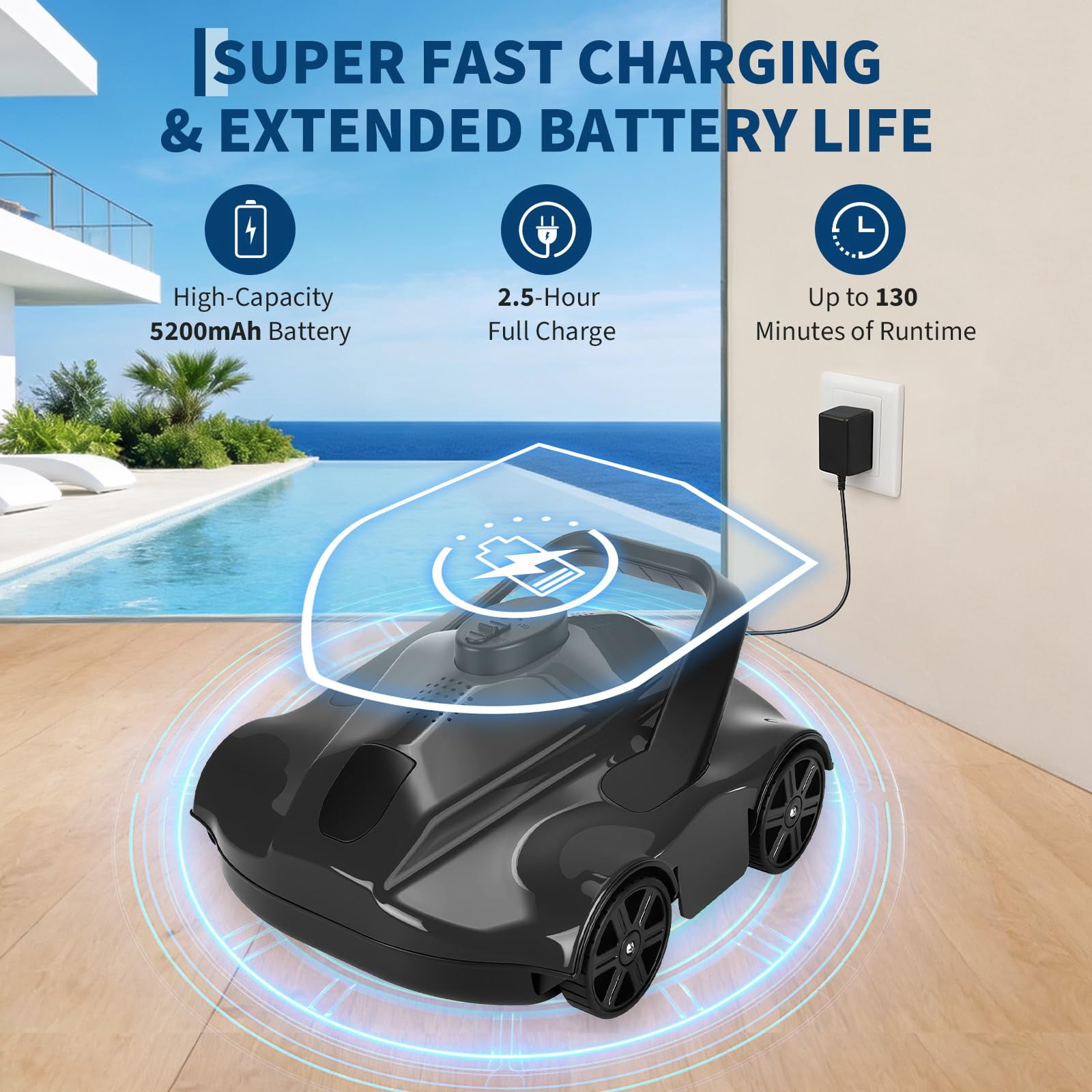 Cordless Robotic Pool Vacuum Cleaner with 130-Min Runtime, Self-Parking Technology for Above-Ground Pools up to 860 Sq.Ft, Efficient Filtration & Portable Design